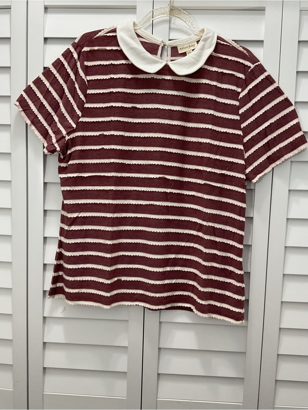 Women’s Maison Jules Plum' Striped Top with Tan Scalloped Trim Size XXL
